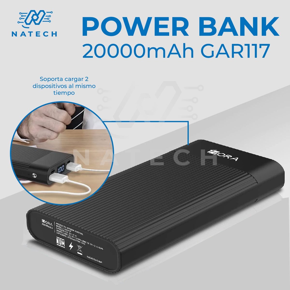 Power Bank Batería Portátil 20000mah 2.1a Carga Rápida 1hora Blanco